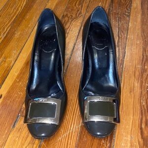 Roger Vivier Black Leather Pumps with Silver Buckle